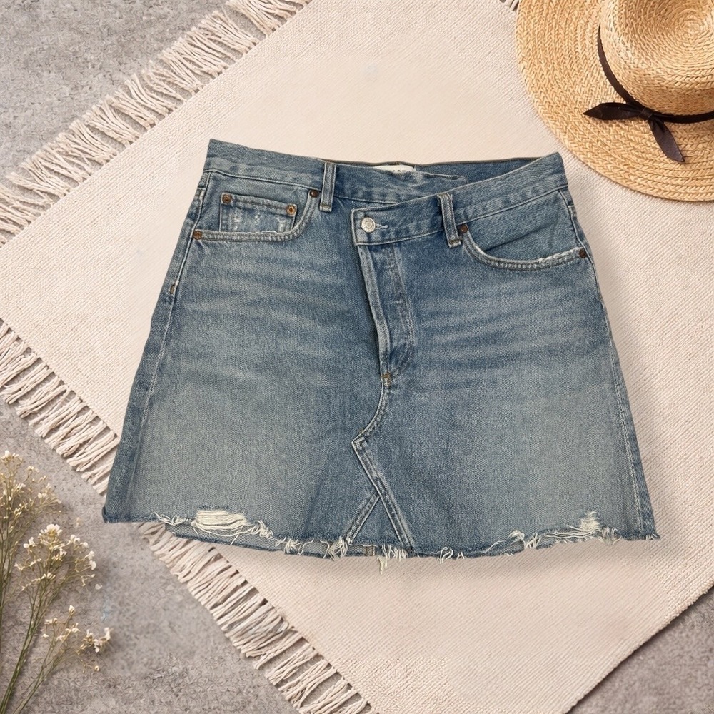 AGOLDE Organic Cotton Criss Cross Distressed Denim Mini Skirt 28 Coastal Cowgirl